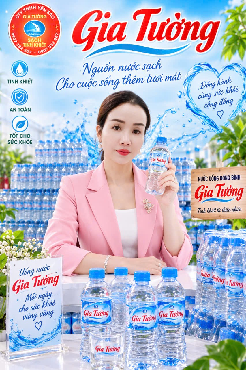 Đại diện thương hiệu Gia Tường cầm chai nước